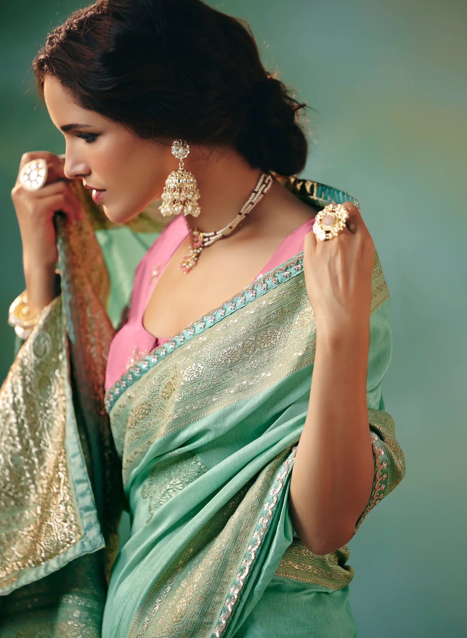 Sea Green Dola Silk Saree With Embroidery Work Blouse - qivii