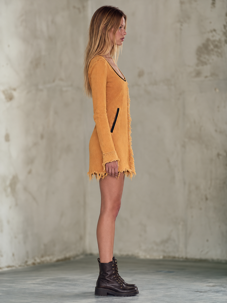 Boho Chic Mustard Frayed Fringe Scoop Neck Long Sleeve Denim Mini Dress  - By Qivii