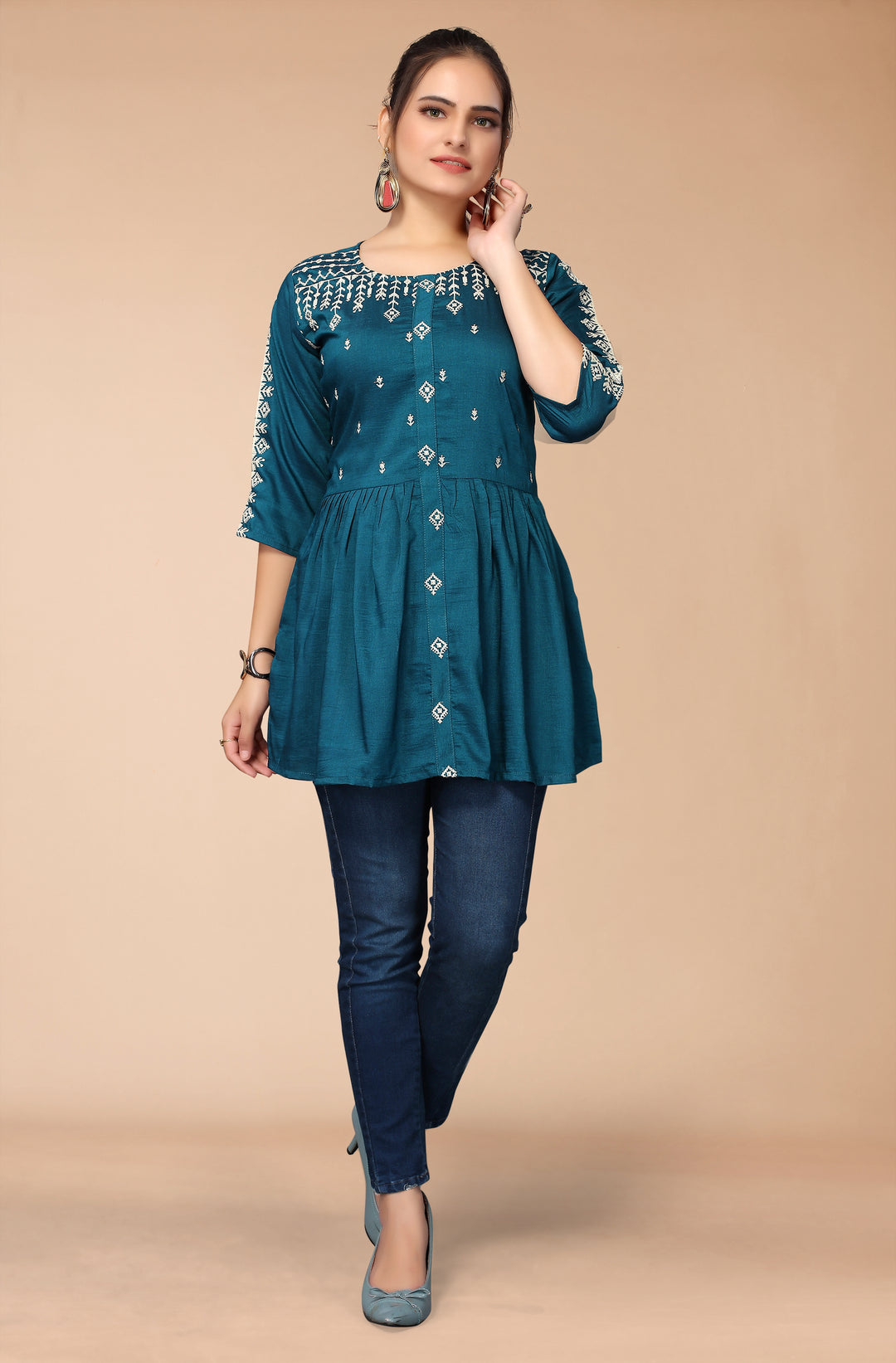 TEAL BLUE VISCOSE RAYON WESTERN SHORT TOP - BY QIVII