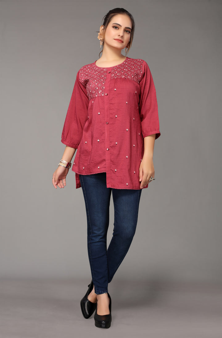 MUSTARD RED VISCOSE RAYON WESTERN SHORT TOP - BY QIVII