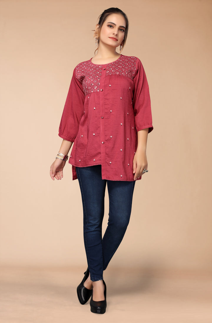 MUSTARD RED VISCOSE RAYON WESTERN SHORT TOP - BY QIVII