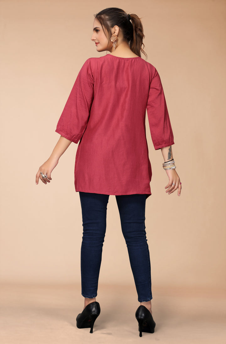 MUSTARD RED VISCOSE RAYON WESTERN SHORT TOP - BY QIVII