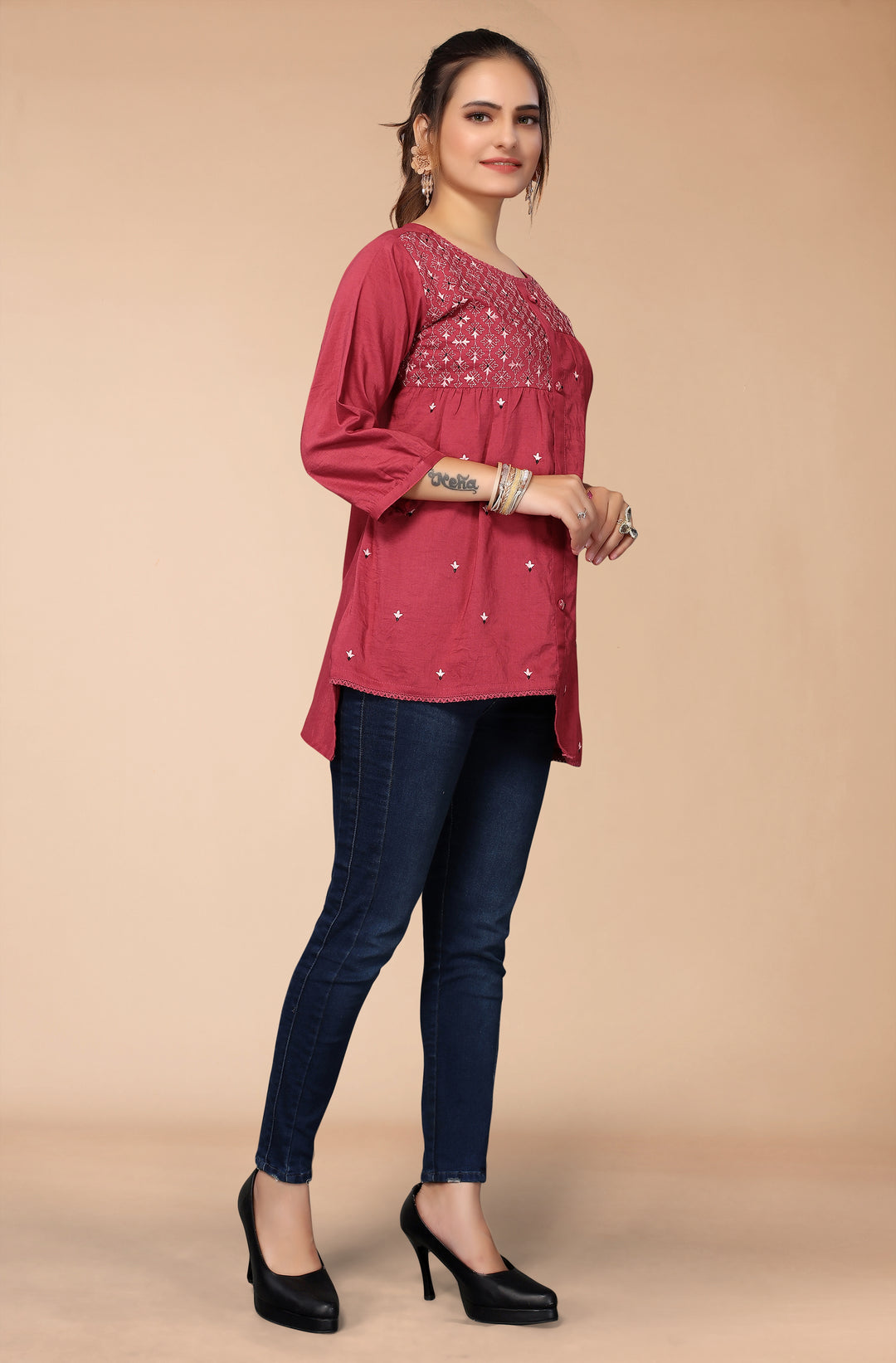 MUSTARD RED VISCOSE RAYON WESTERN SHORT TOP - BY QIVII