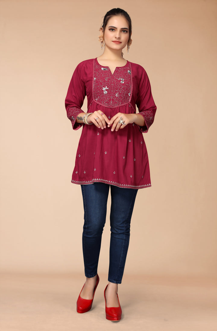 DARK RED VISCOSE RAYON WESTERN SHORT TOP - BY QIVII