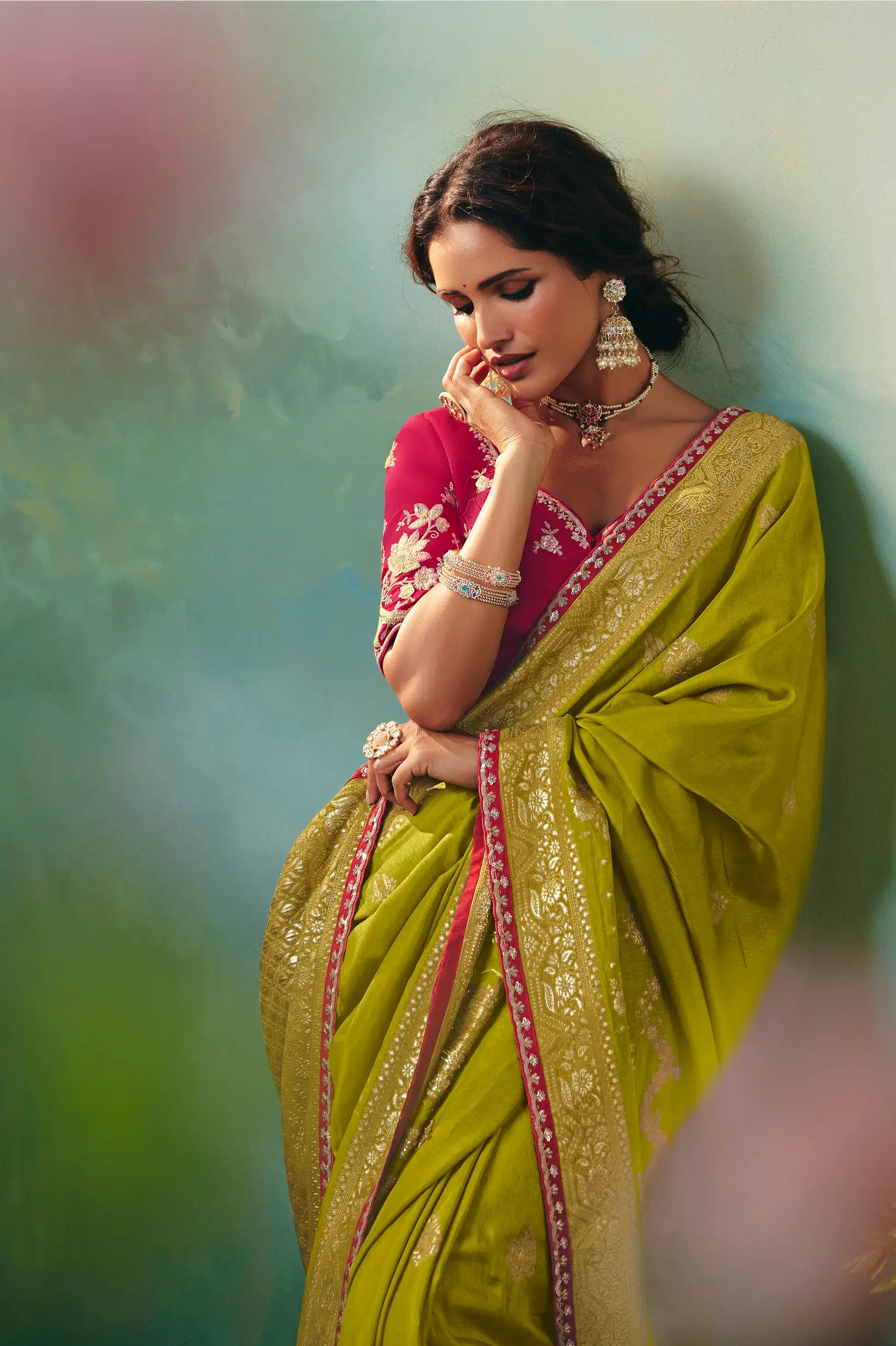 Olive Green Dola Silk Saree With Embroidery Work Blouse - qivii