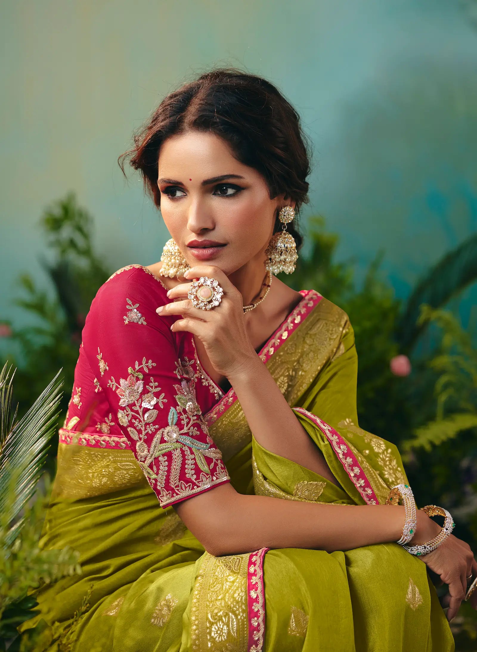 Olive Green Dola Silk Saree With Embroidery Work Blouse - qivii