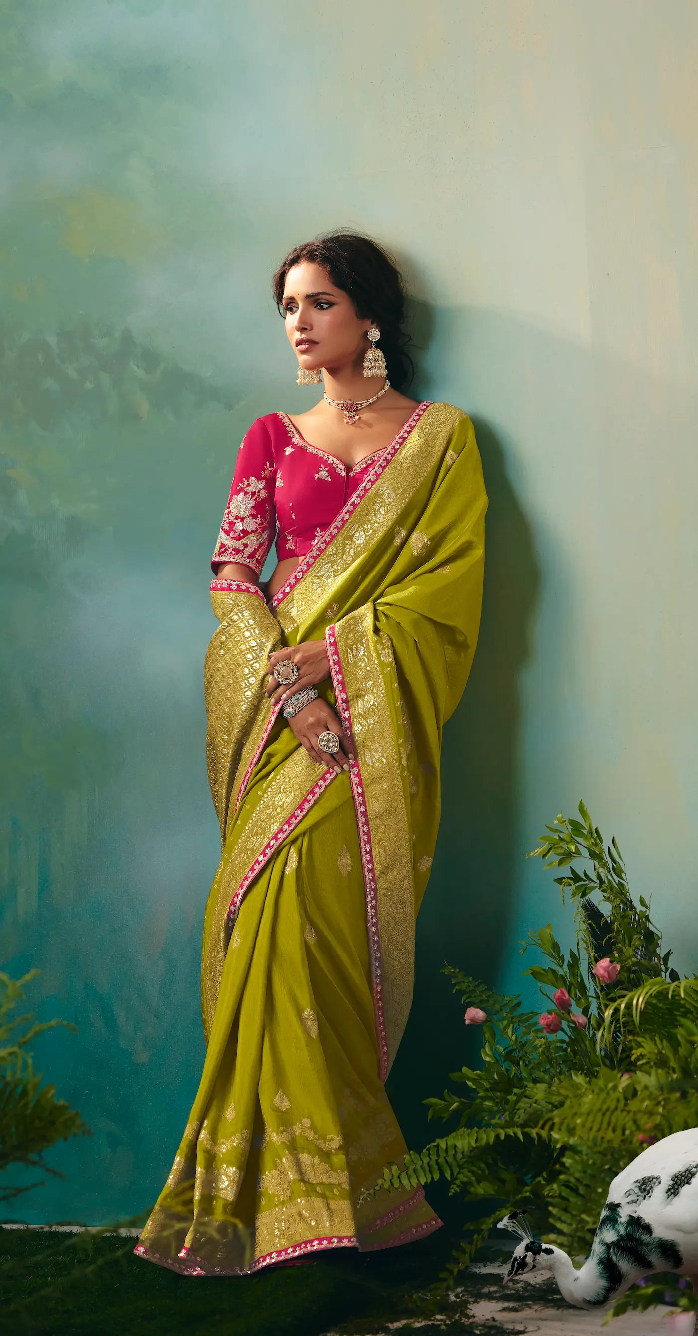 Olive Green Dola Silk Saree With Embroidery Work Blouse - qivii