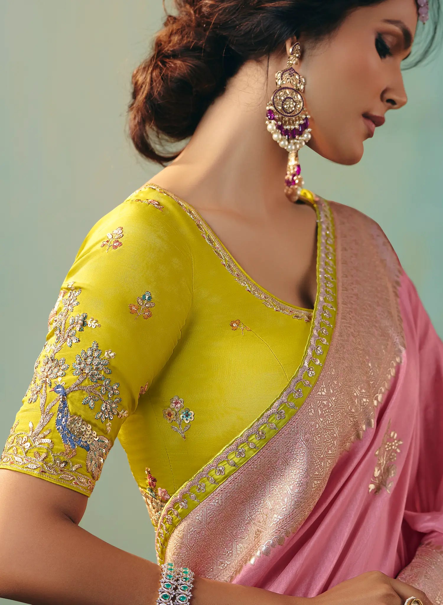 Salmon Pink Dola Silk Saree With Embroidery Work Blouse - qivii