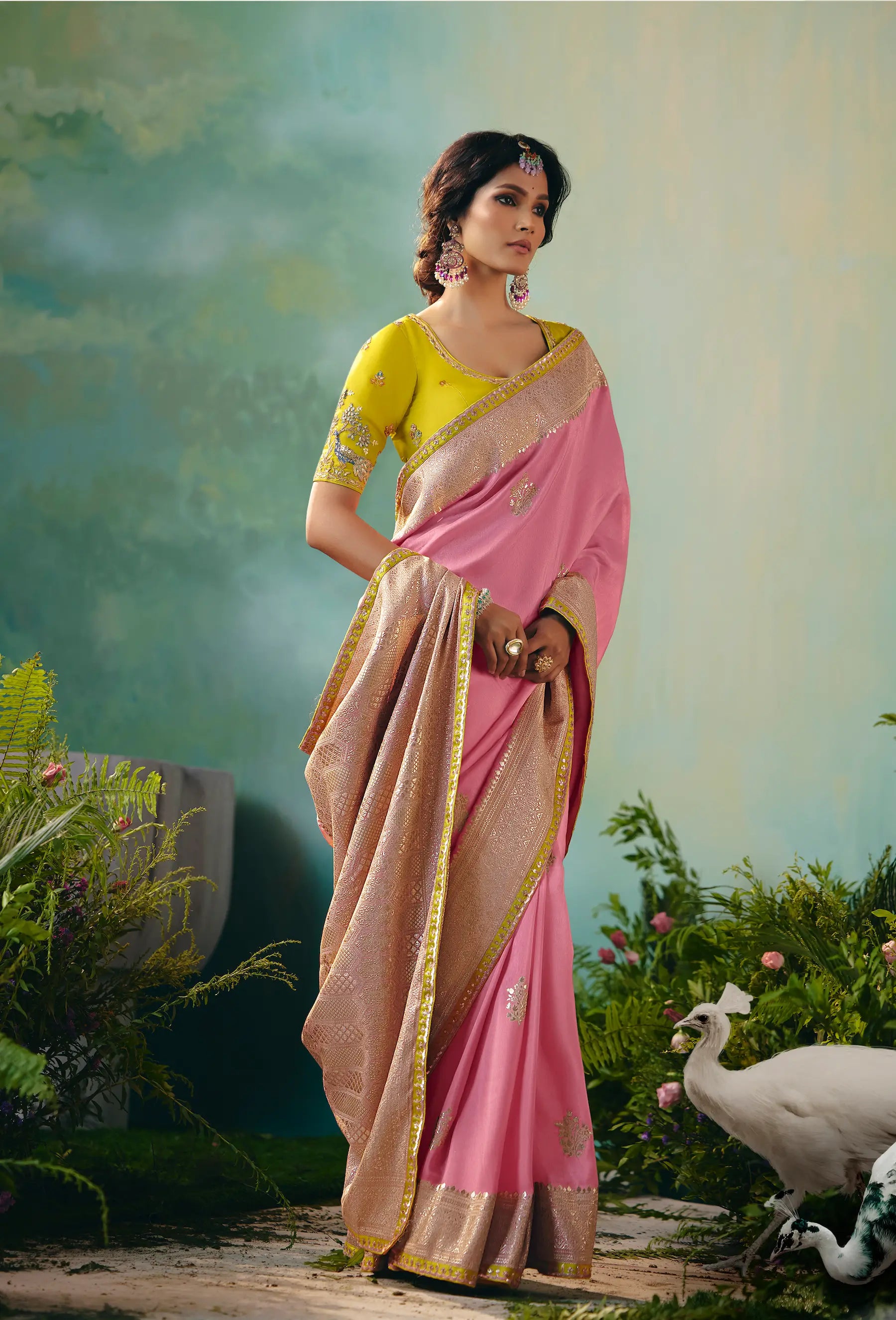 Salmon Pink Dola Silk Saree With Embroidery Work Blouse - qivii