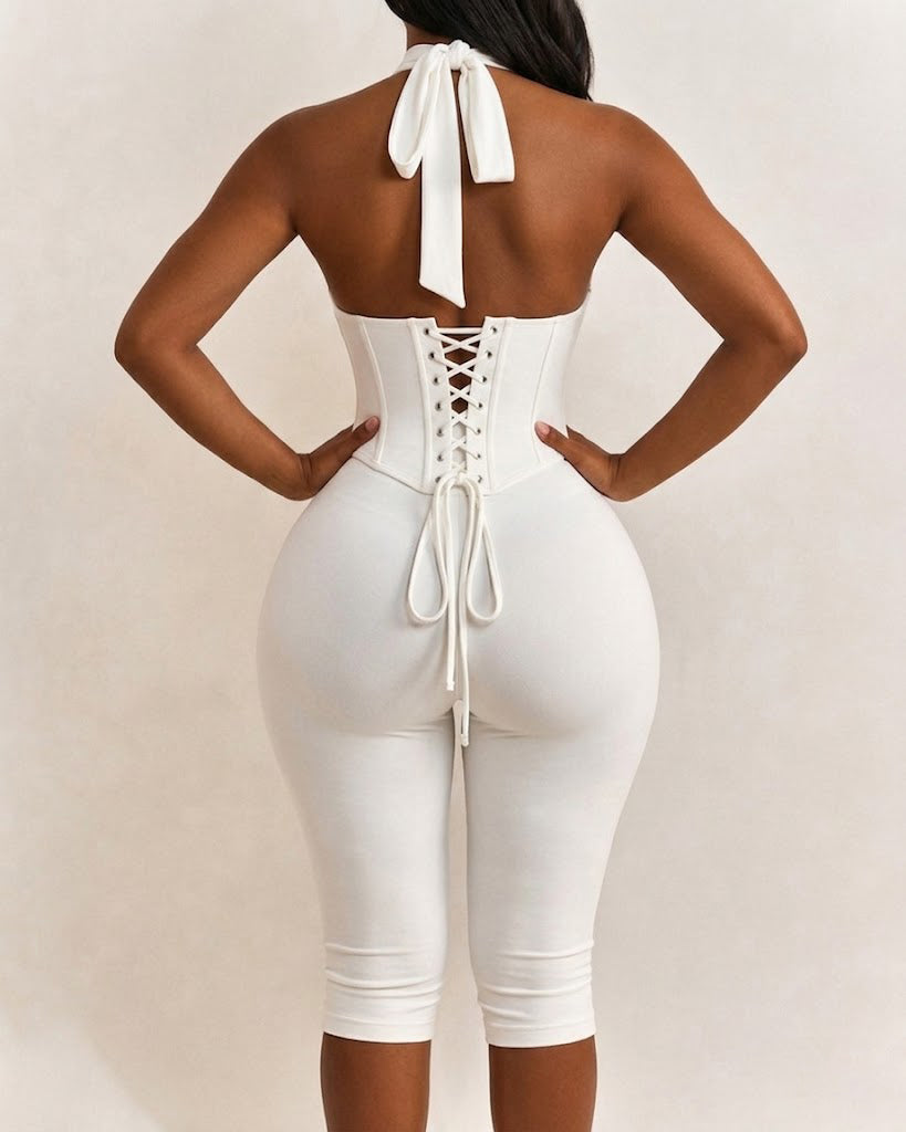 Polka Dot Halter Neck Hourglass Capri Jumpsuit with Detachable Corset Two-Piece Set  - By Qivii