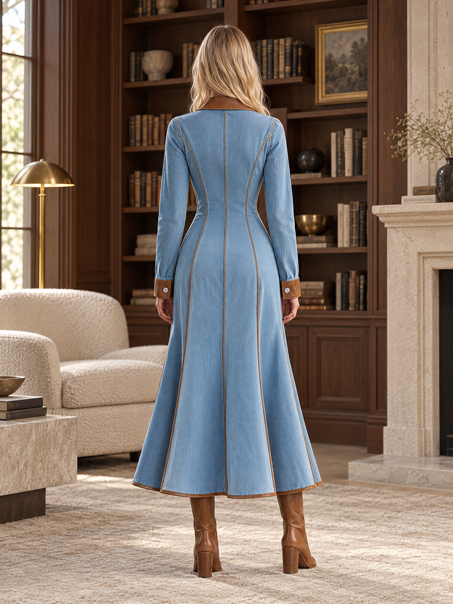Western Chic Two Tone Contrast Trim Button Front Denim Maxi Dress  - By Qivii