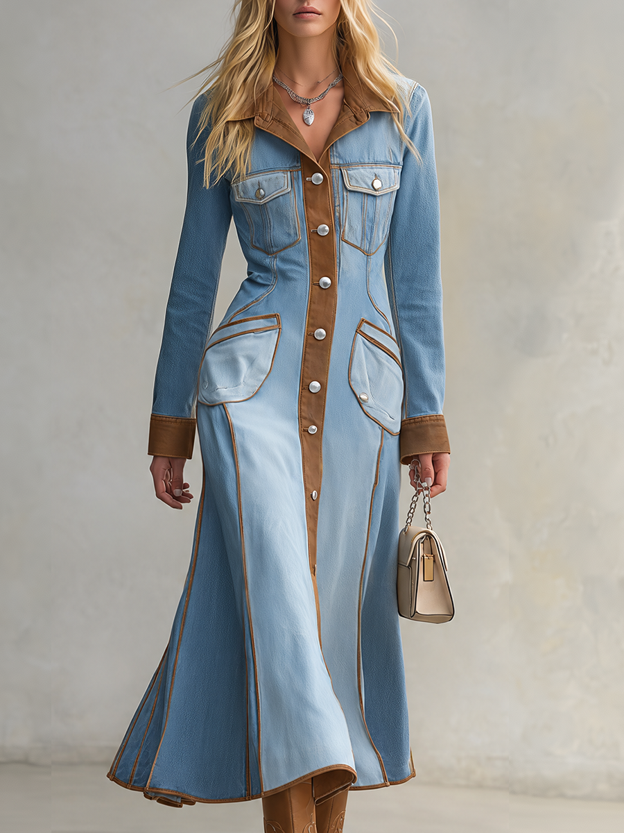 Western Chic Two Tone Contrast Trim Button Front Denim Maxi Dress  - By Qivii