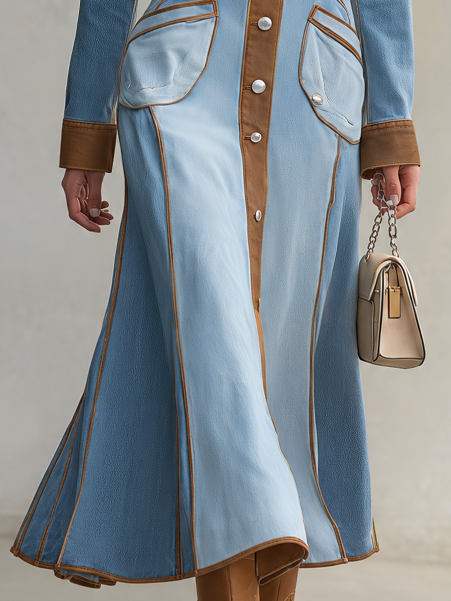 Western Chic Two Tone Contrast Trim Button Front Denim Maxi Dress  - By Qivii