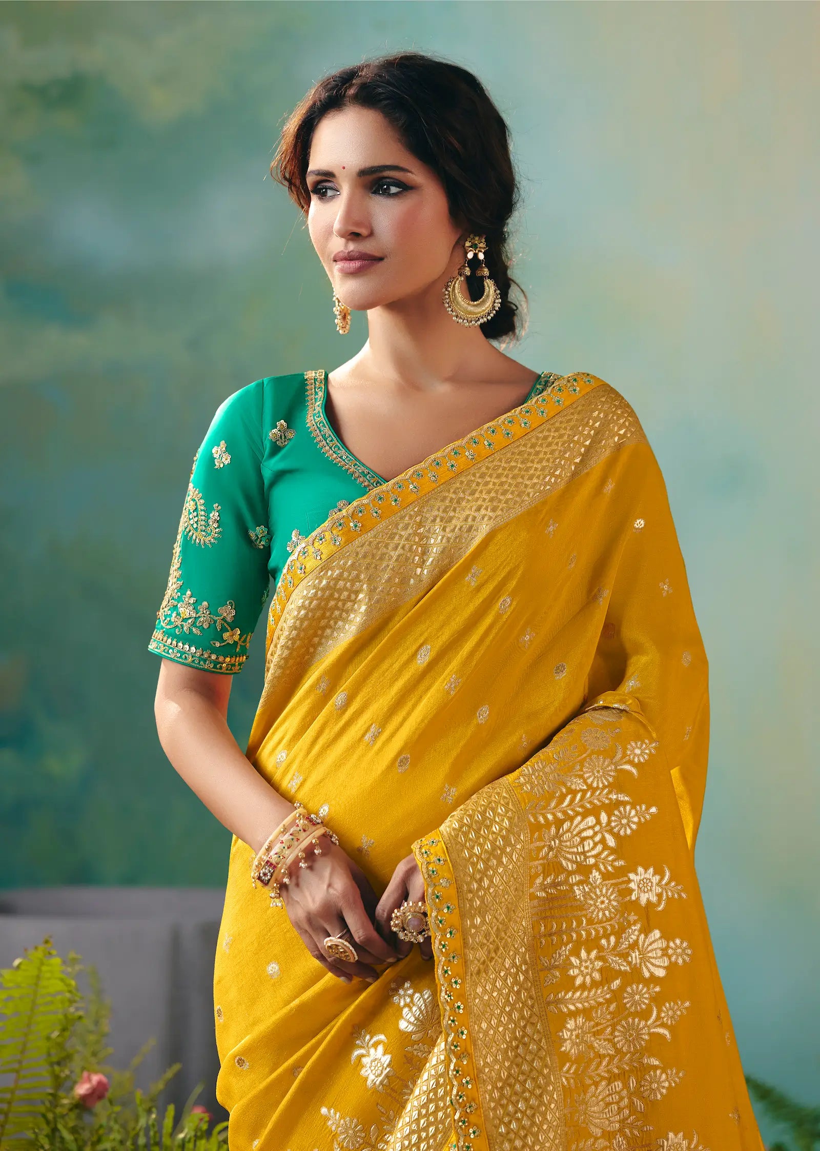 Mustard Dola Silk Saree With Embroidery Work Blouse - qivii