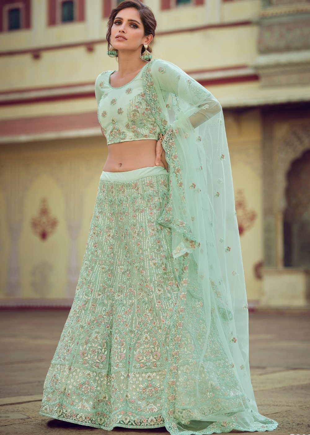 Mint Green Soft Net Lehenga Choli with Sequins, Thread, Zari & Dori work | Ready To Wear - qivii