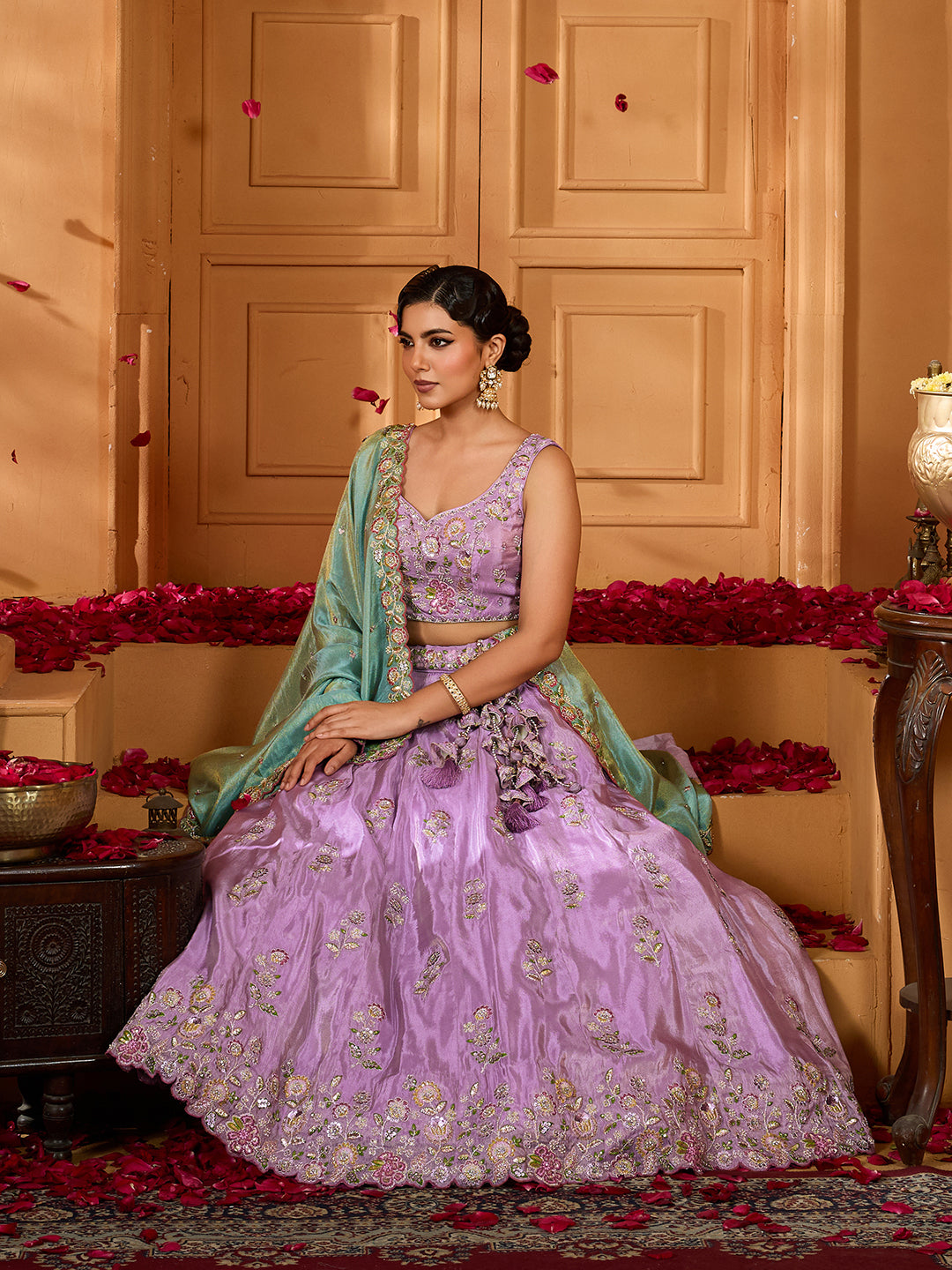 Lavender- Satin Silk Fabric Sequins embroidery Semi-Stitched Lehenga & Unstitched Blouse With Dupatta - qivii