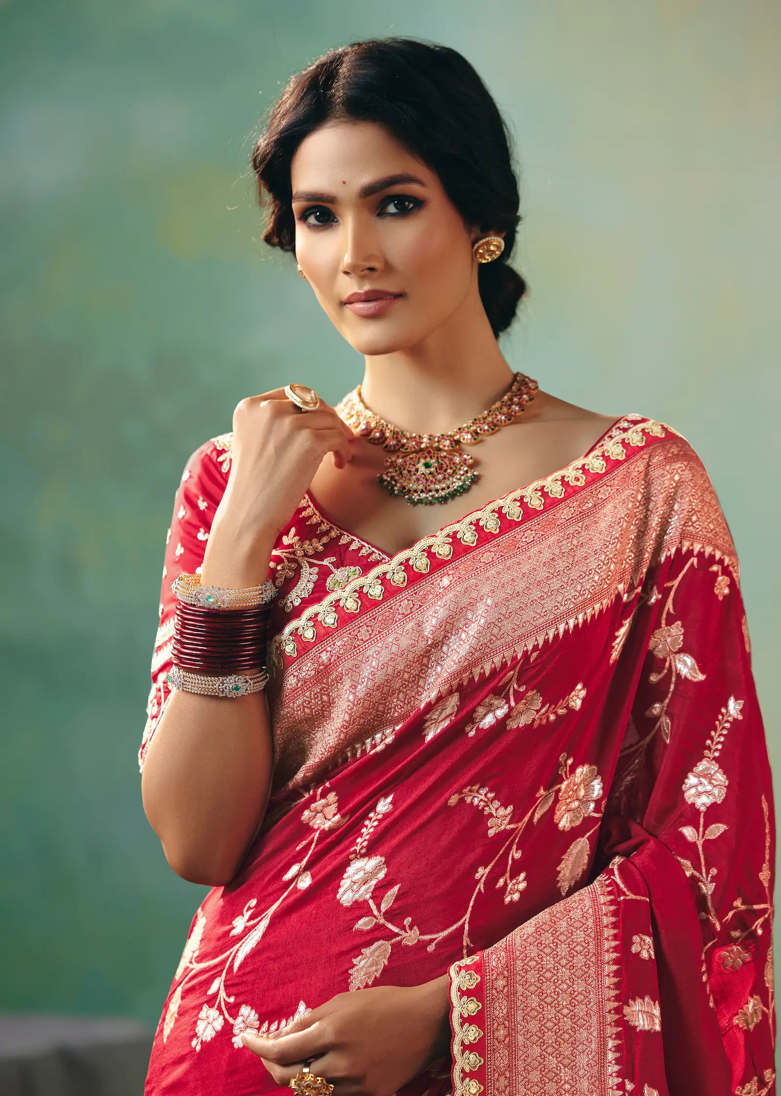 Rose Red Dola Silk Saree With Embroidery Work Blouse - qivii