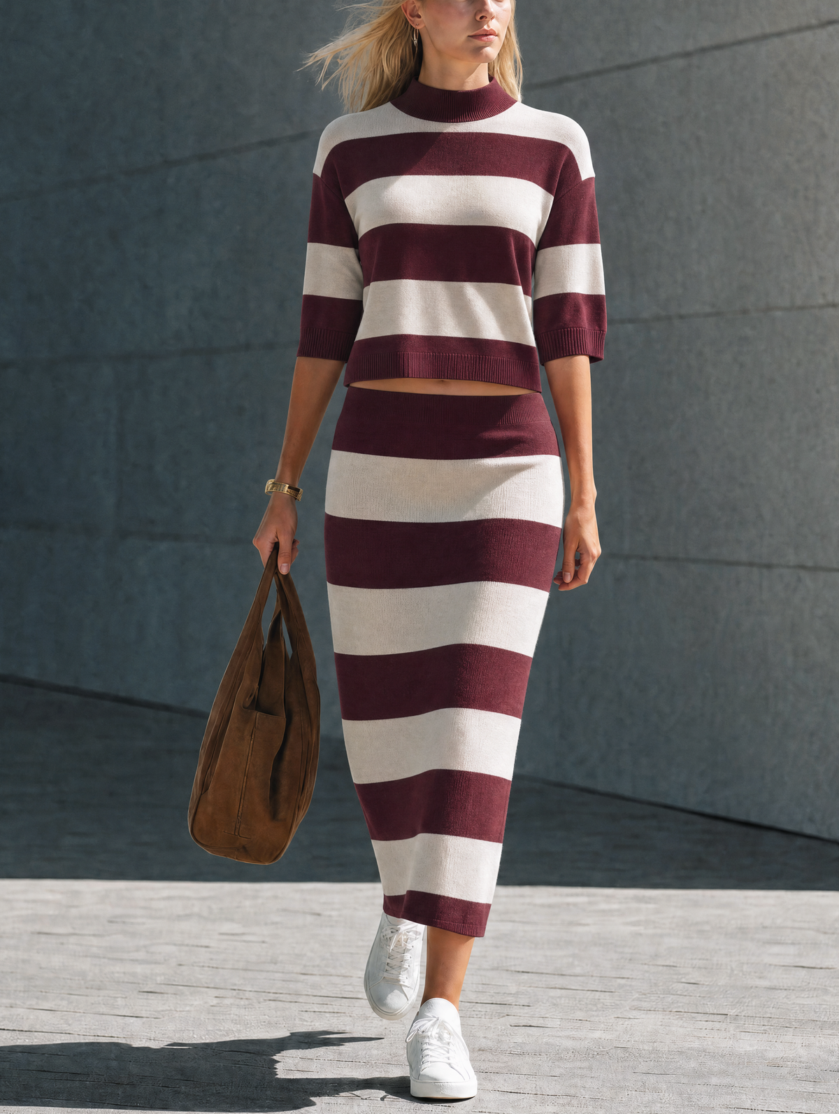 Women's Casual Red And White Striped Knit Top And Skirt Two-Piece Set MDZ2529H4LXY