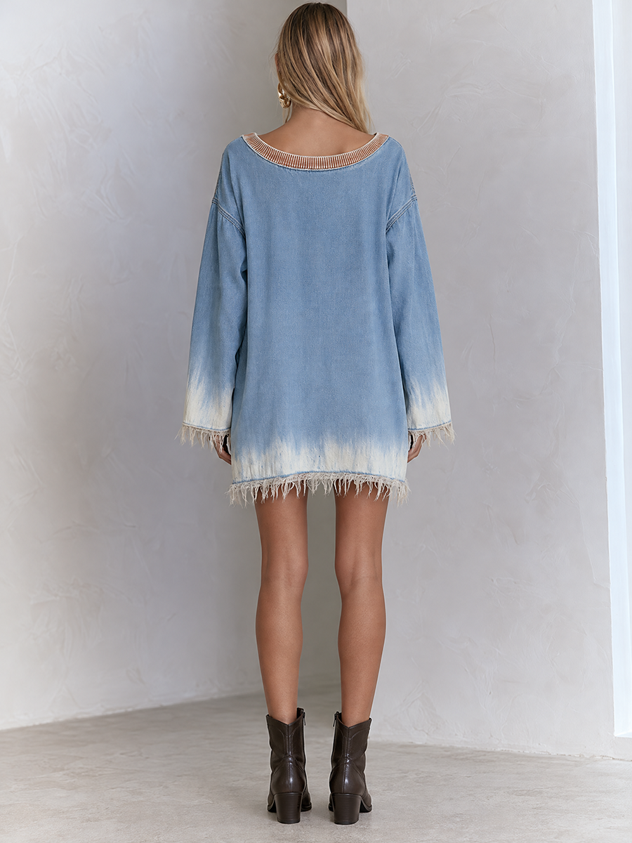 Oversized boho chic denim tunic dress with fringe hem and dip dye effect, boat neck style, by Oyrosy Clothing.