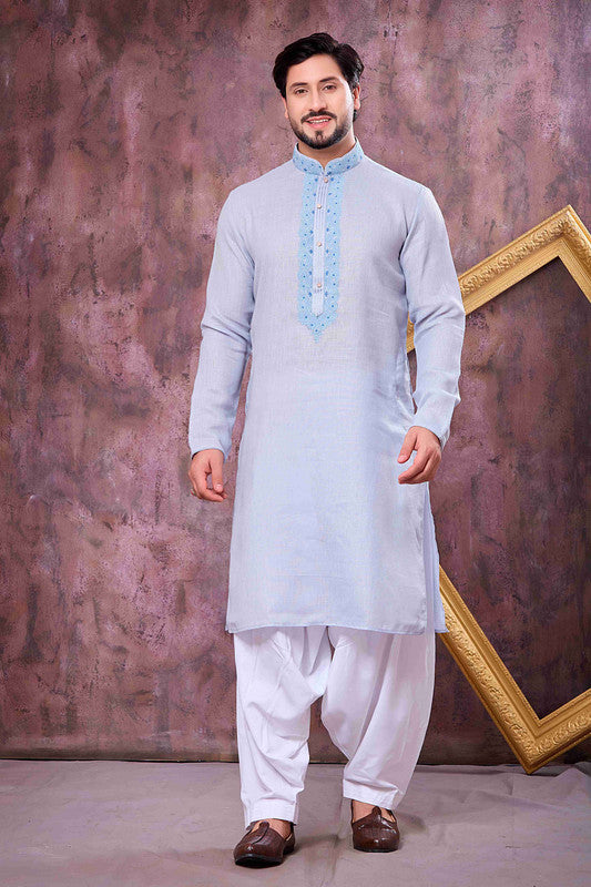 Men's Sky Blue Linen Cotton Embroidery Collar Neck Pajama Set