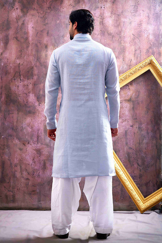 Men's Sky Blue Linen Cotton Embroidery Collar Neck Pajama Set