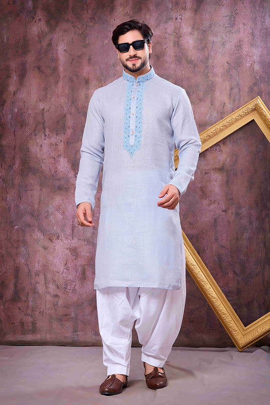 Men's Sky Blue Linen Cotton Embroidery Collar Neck Pajama Set