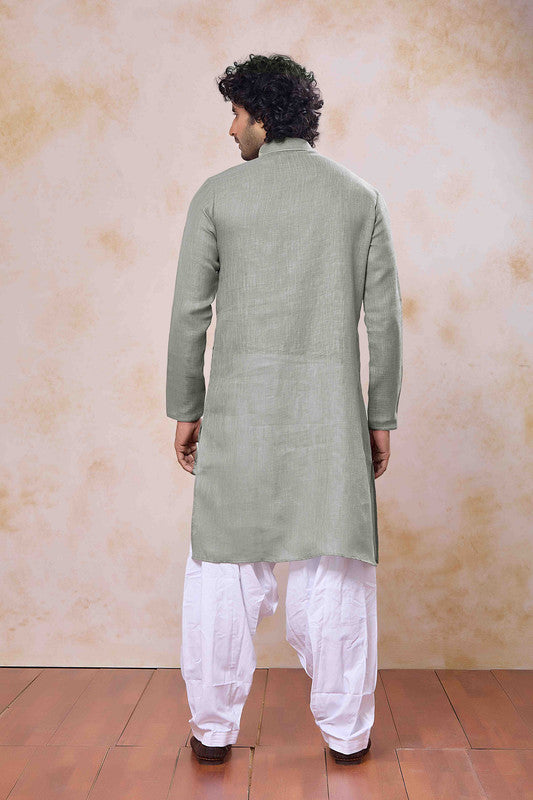 Men's Green Linen Cotton Embroidery Collar Neck Pajama Set