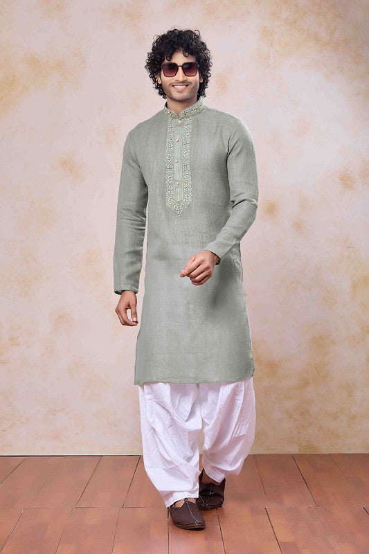 Men's Green Linen Cotton Embroidery Collar Neck Pajama Set