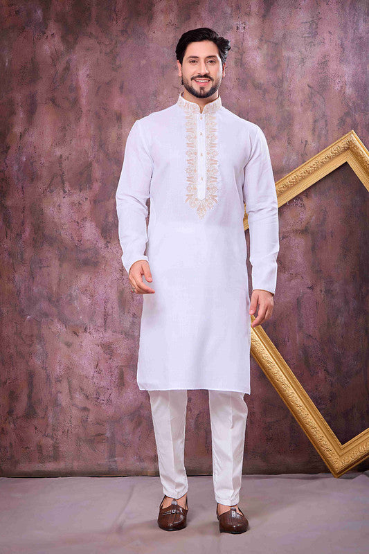 Men's Off White Linen Cotton Embroidery Collar Neck Pajama Set