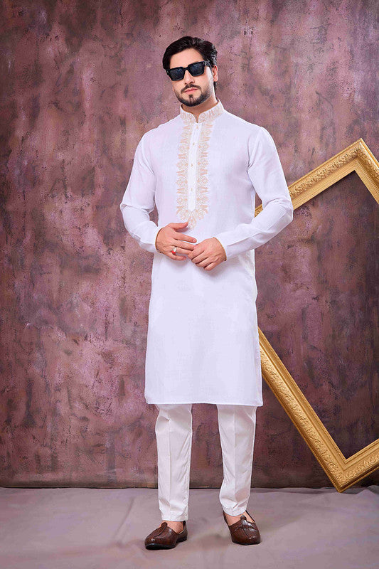 Men's Off White Linen Cotton Embroidery Collar Neck Pajama Set