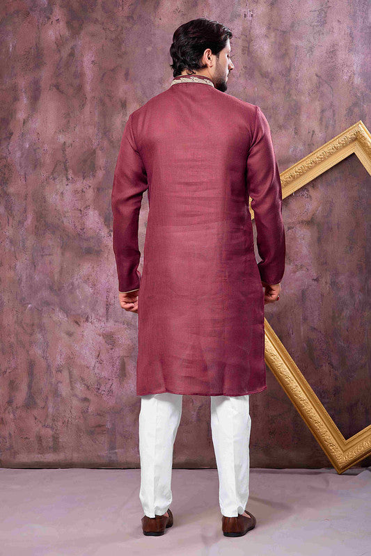 Men's Maroon Linen Cotton Embroidery Collar Neck Pajama Set