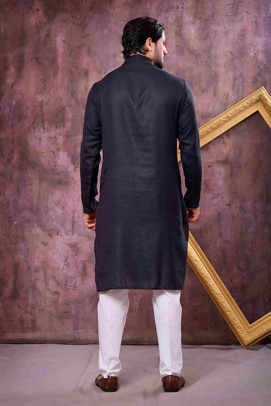Men's Black Linen Cotton Embroidery Collar Neck Pajama Set