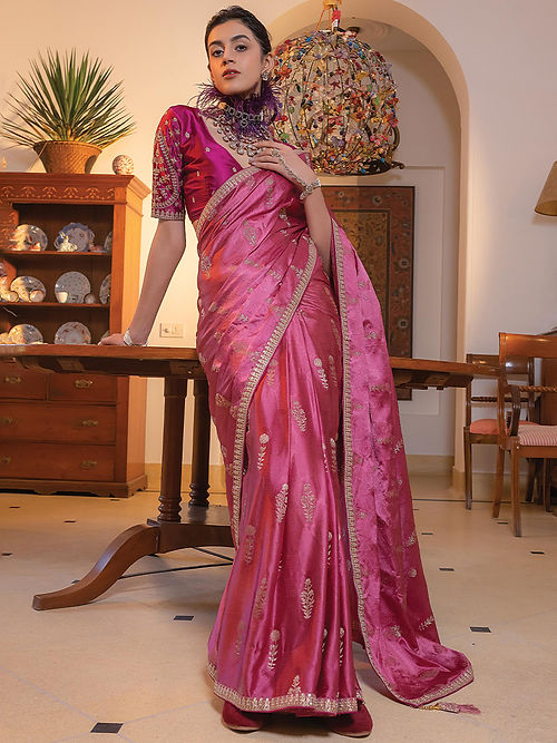 Mulberry Pink Satin Saree With Embroidered Blouse