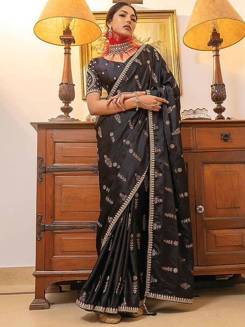 Smoky Black Satin Saree With Embroidered Blouse