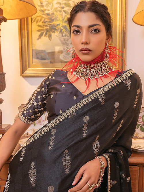 Smoky Black Satin Saree With Embroidered Blouse