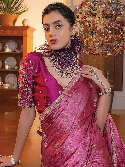 Mulberry Pink Satin Saree With Embroidered Blouse