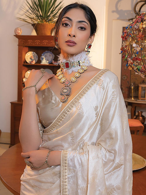 Off White Satin Saree With Embroidered Blouse