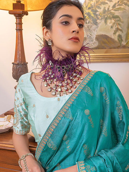 Turquoise Satin Saree With Embroidered Blouse