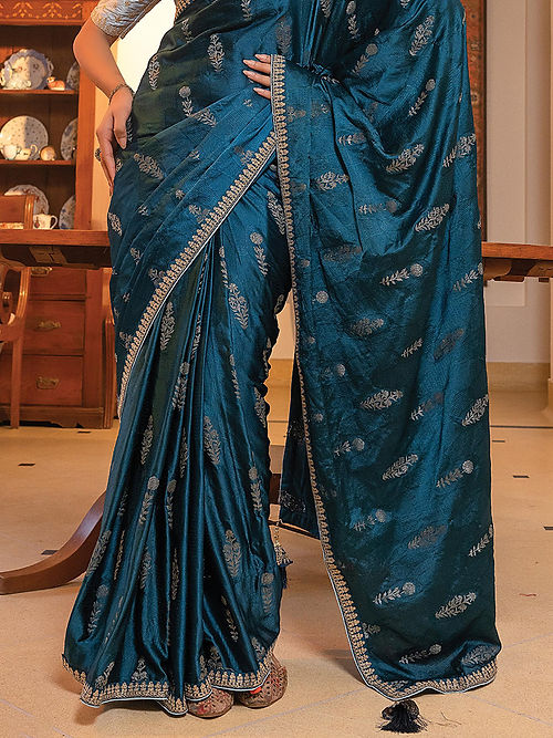 Dark Teal Blue Satin Saree With Embroidered Blouse