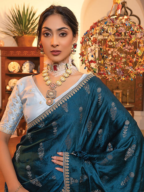 Dark Teal Blue Satin Saree With Embroidered Blouse