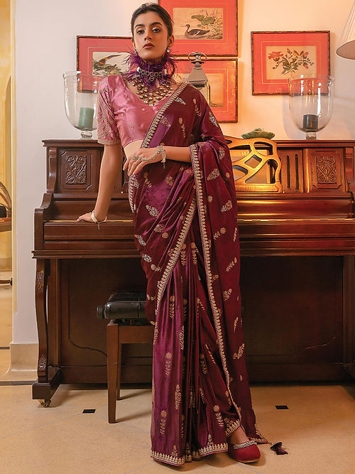 Berry Wine Satin Saree With Embroidered Blouse