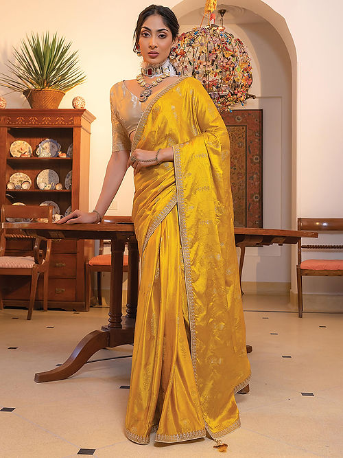 Mustard Yellow Satin Saree With Embroidered Blouse