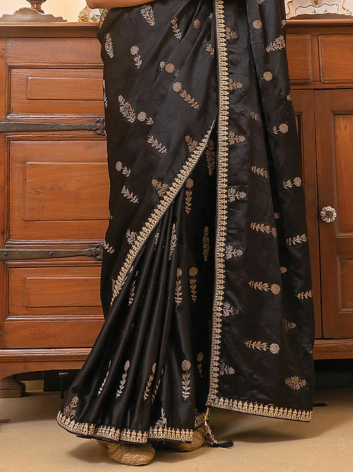 Smoky Black Satin Saree With Embroidered Blouse