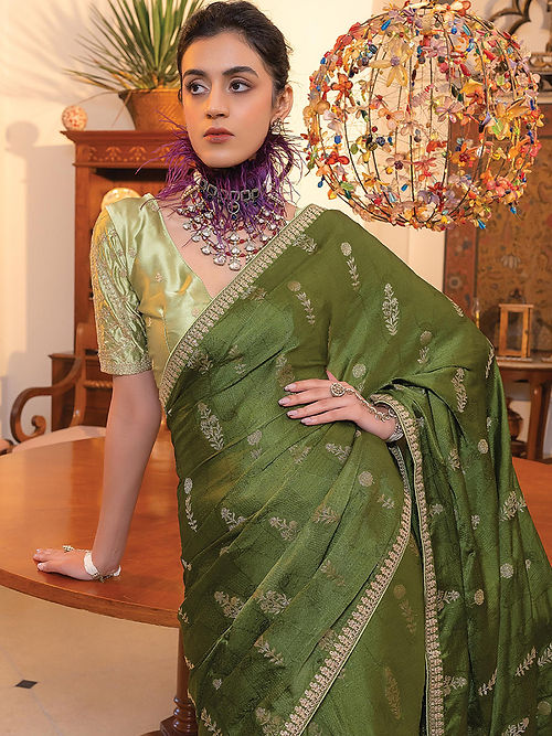 Dark Green Satin Saree With Embroidered Blouse