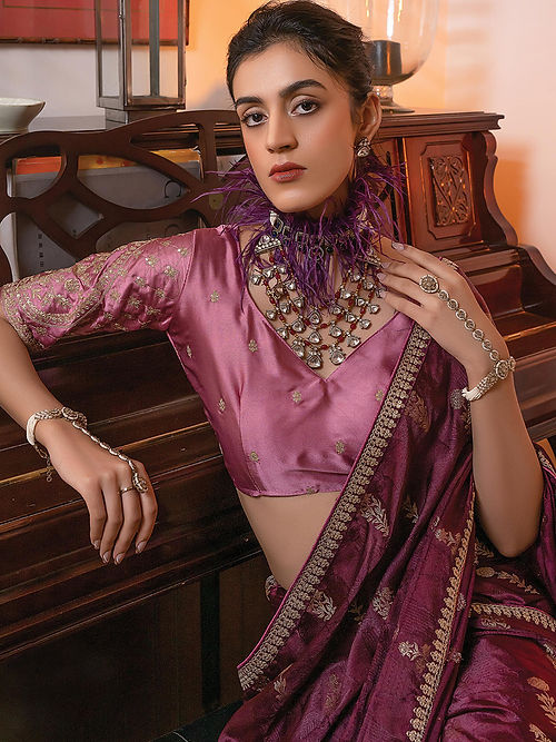 Berry Wine Satin Saree With Embroidered Blouse