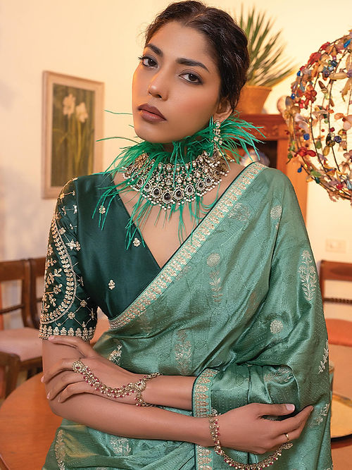 Spanish Green Satin Saree With Embroidered Blouse