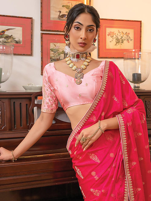 Raspberry Pink Satin Saree With Embroidered Blouse