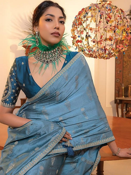 Light Astronaut Satin Saree With Embroidered Blouse