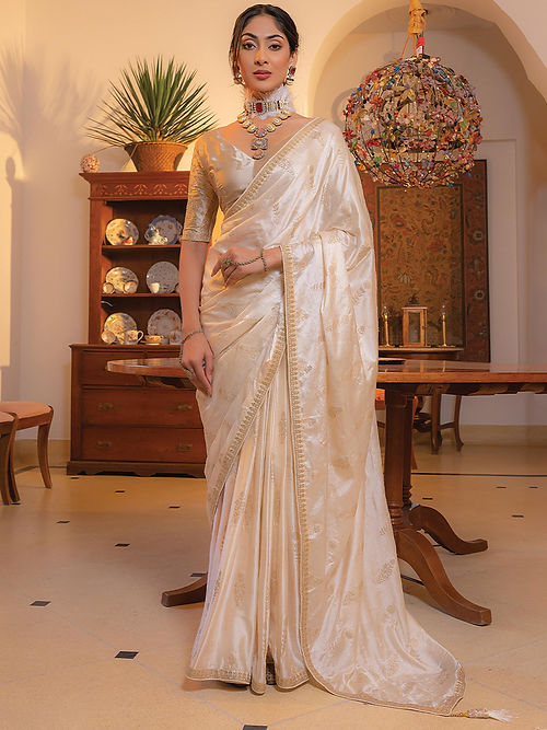 Off White Satin Saree With Embroidered Blouse