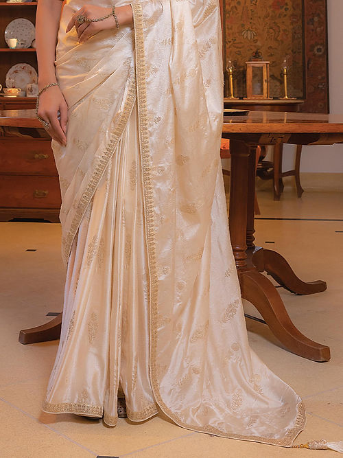 Off White Satin Saree With Embroidered Blouse